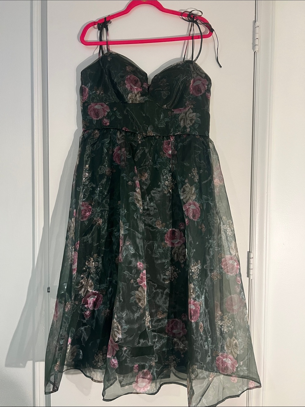 Francesca's Collections Dark Green Midi Dress with Pink Floral Print